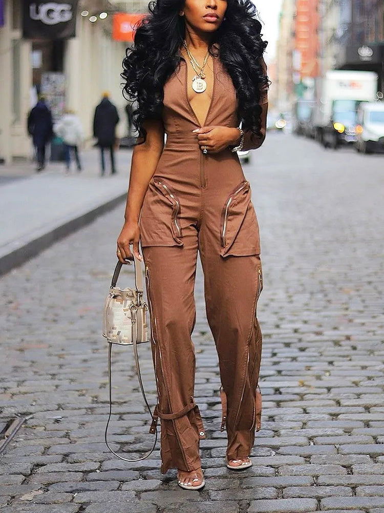 Zipper Cargo Pocket Utility Jumpsuit Brown / XL