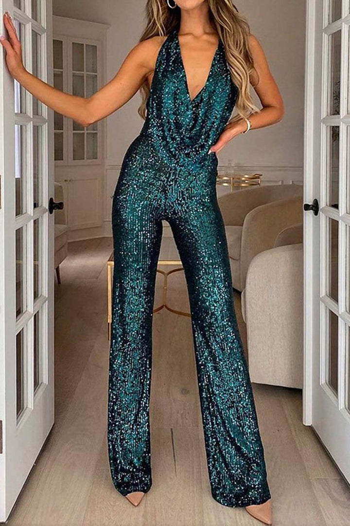 Sequin Cowl Neck Backless Jumpsuits Gold · XL