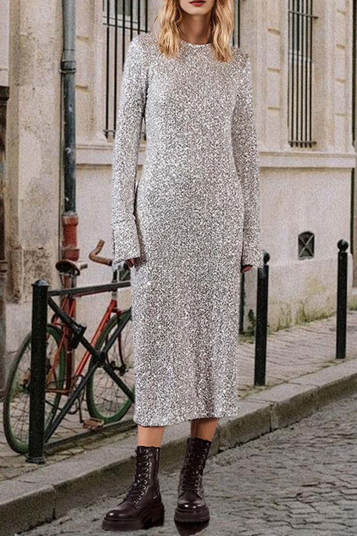 Sequin Long Sleeve Midi Dress Silver · L