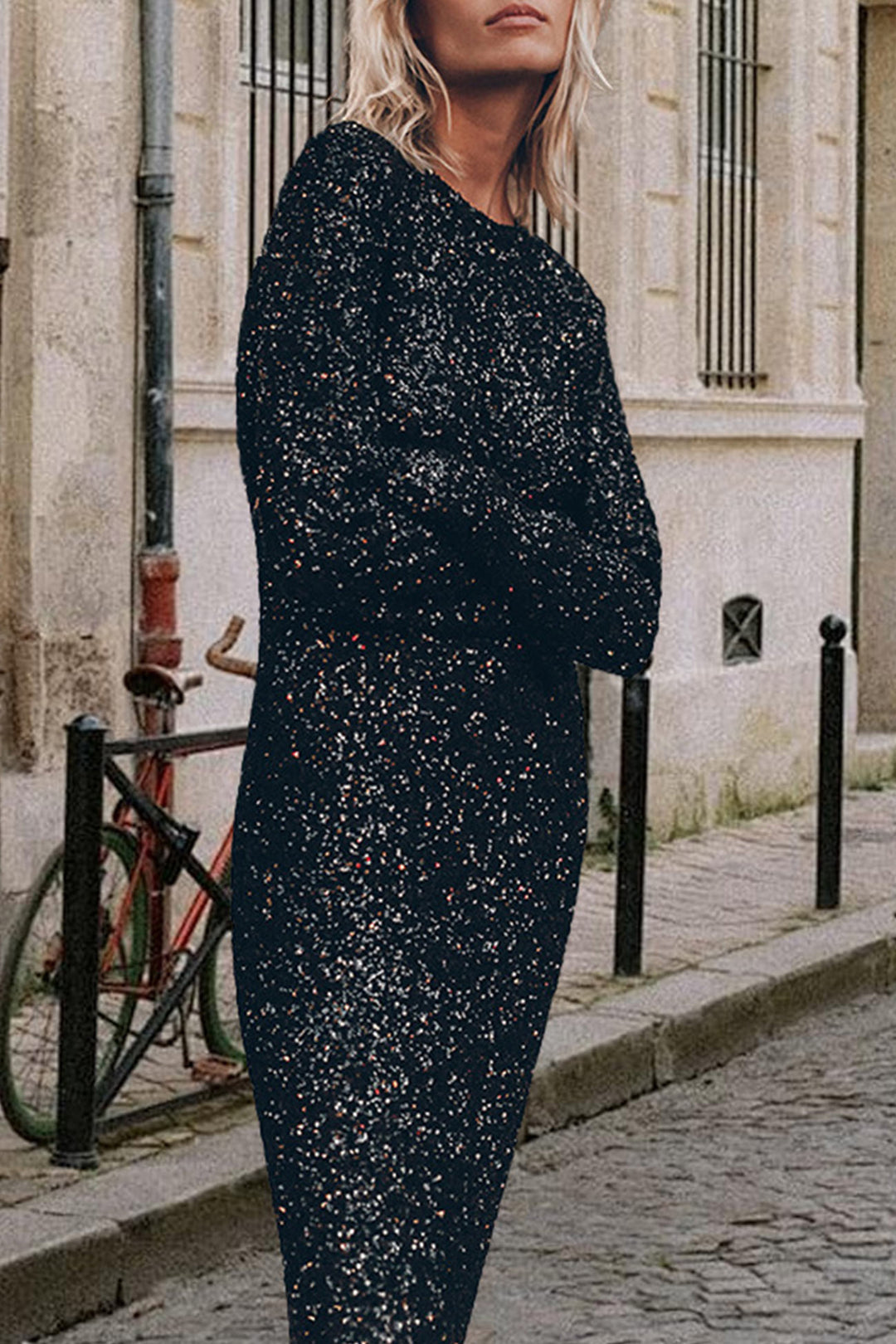 Sequin Long Sleeve Midi Dress Black · S