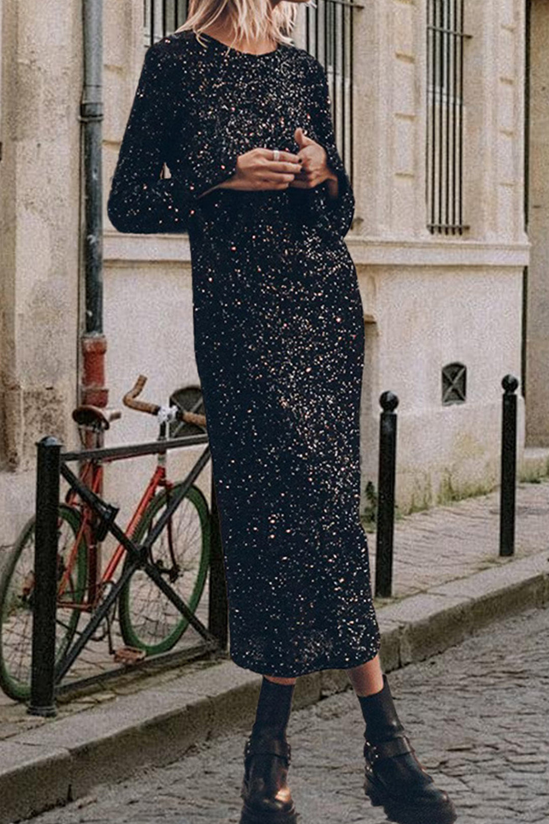 Sequin Long Sleeve Midi Dress Silver · XL