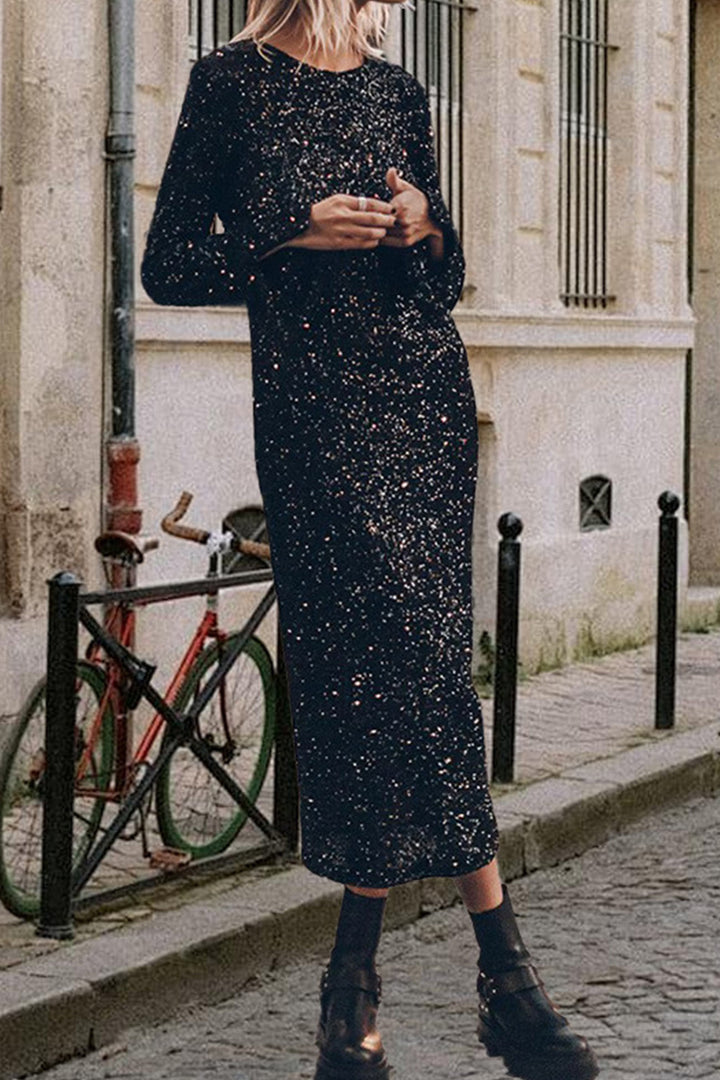 Sequin Long Sleeve Midi Dress Silver · XL