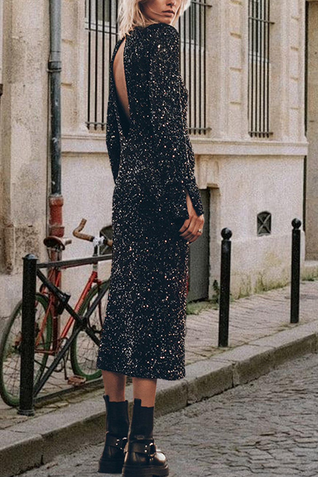 Sequin Long Sleeve Midi Dress Silver · 2XL