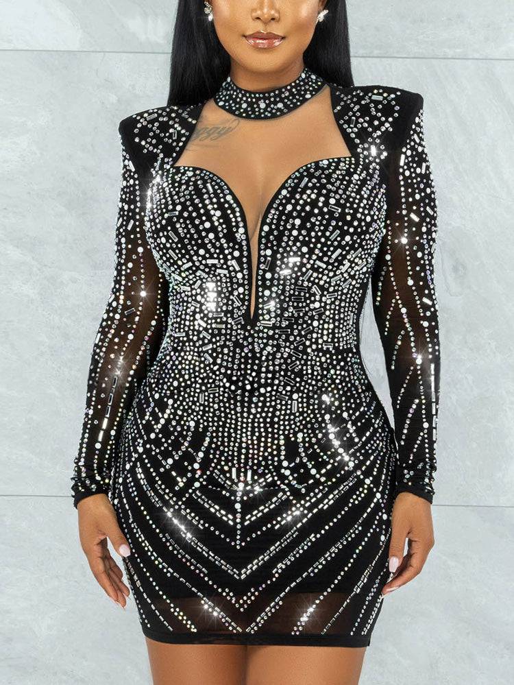 Sequin Mini Drilling Party Dress Black / M