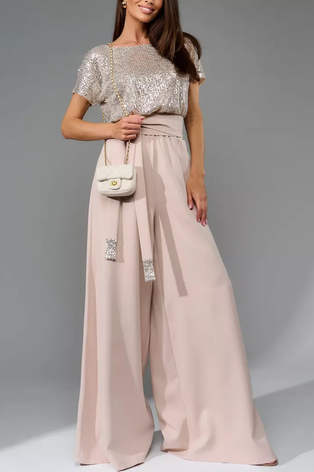 Sequin Patchwork Short Sleeve High Waist Jumpsuits