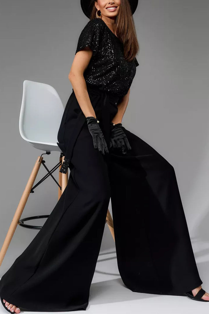 Sequin Patchwork Short Sleeve High Waist Jumpsuits White · S