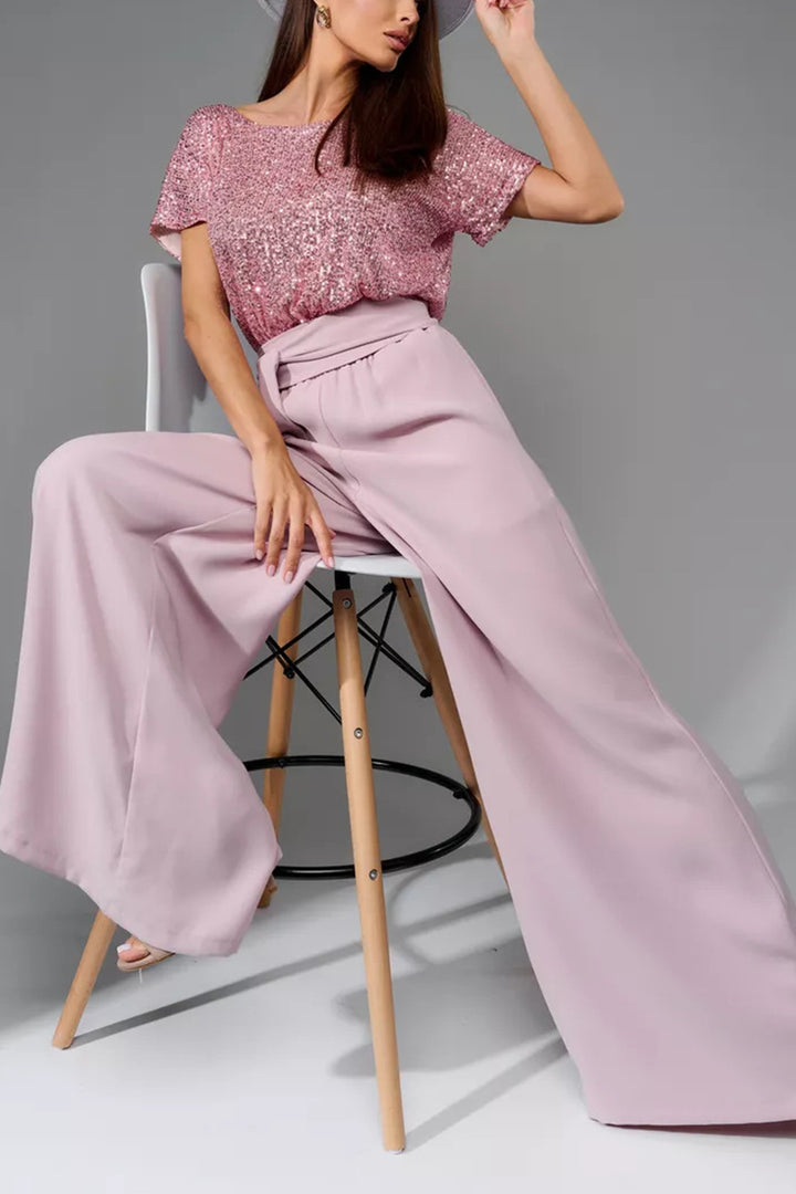 Sequin Patchwork Short Sleeve High Waist Jumpsuits Apricot  · 3XL