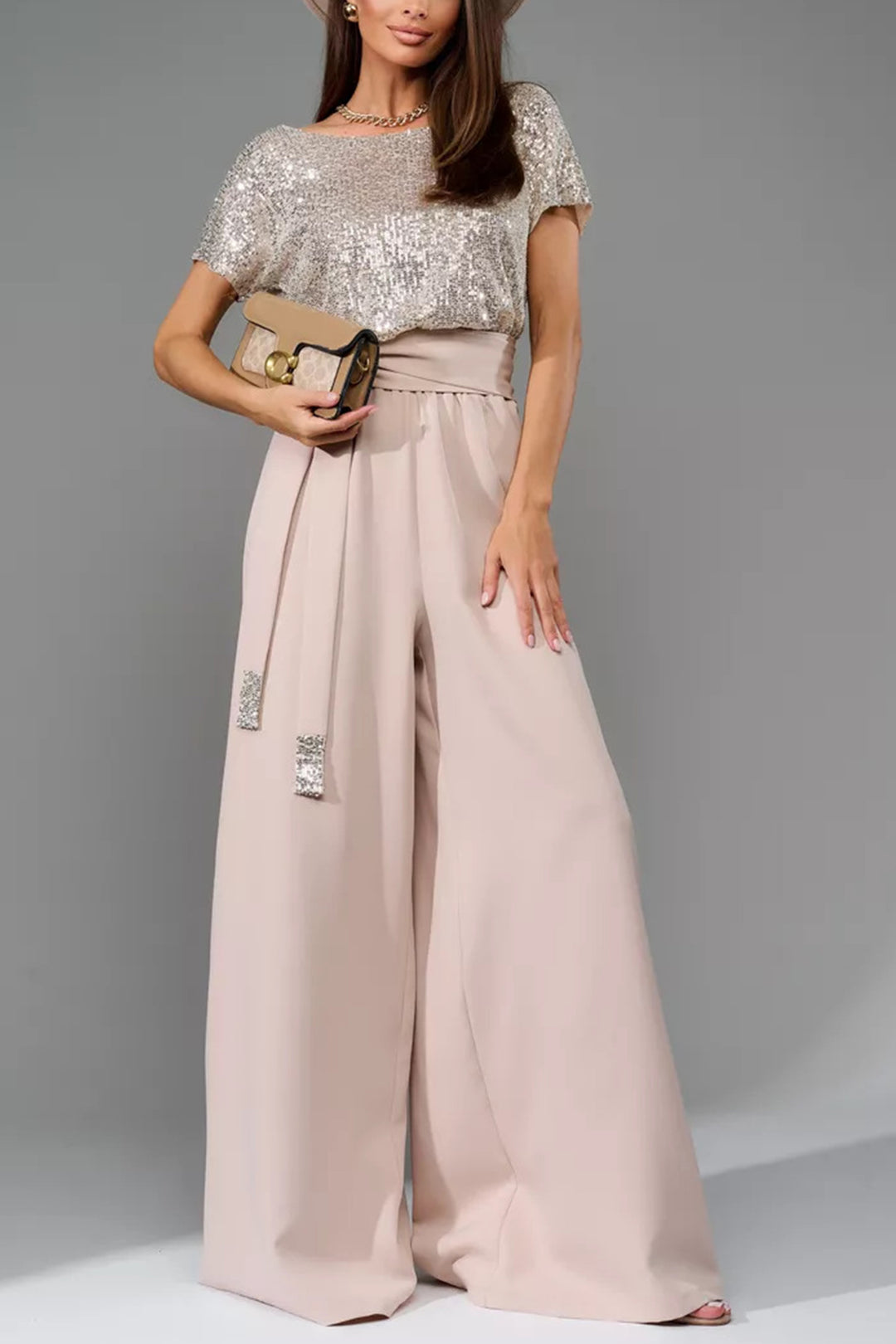 Sequin Patchwork Short Sleeve High Waist Jumpsuits Apricot  · M