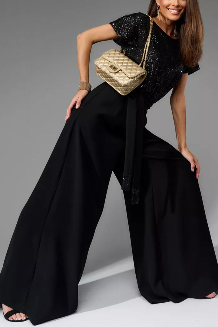 Sequin Patchwork Short Sleeve High Waist Jumpsuits White · M