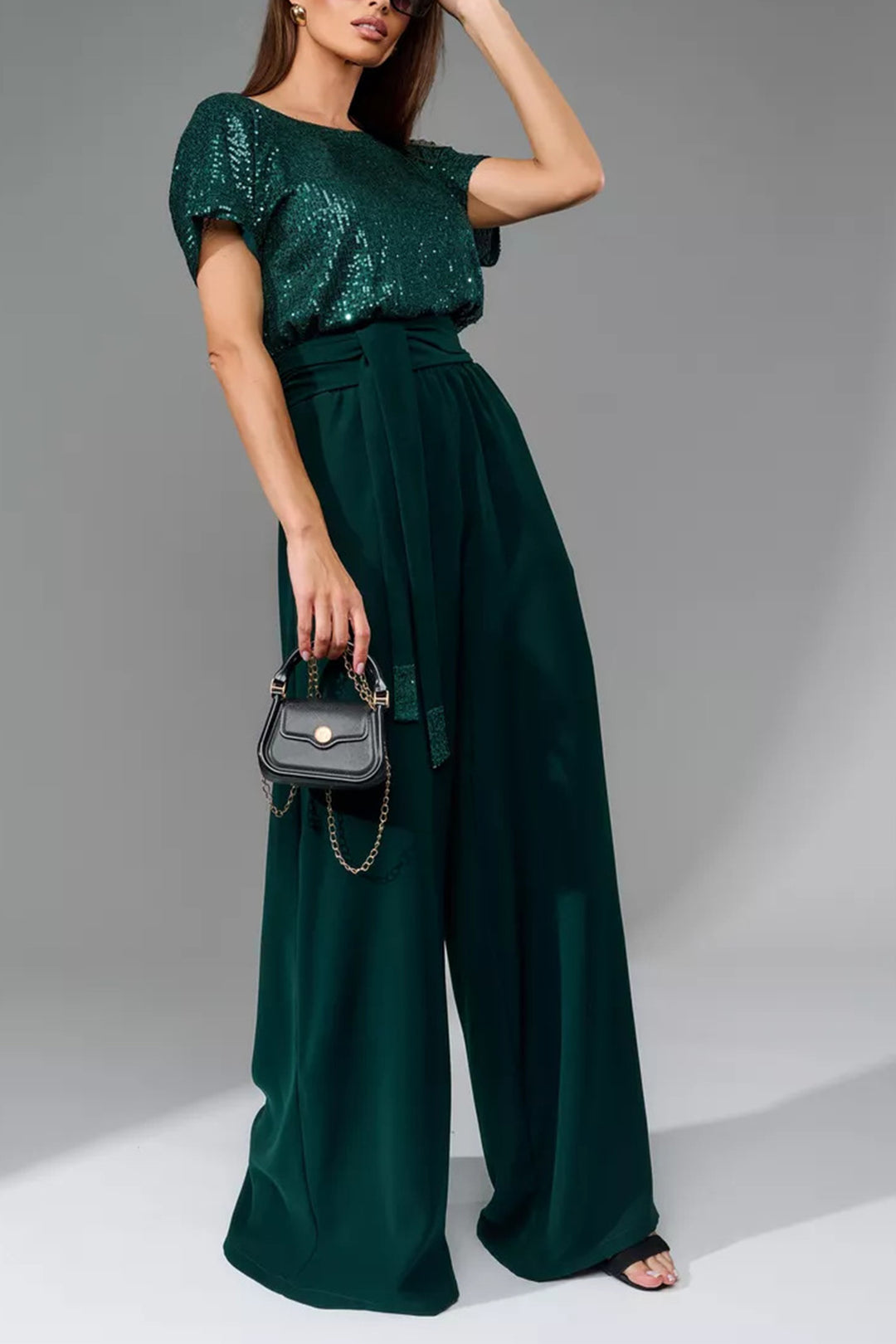 Sequin Patchwork Short Sleeve High Waist Jumpsuits White · L