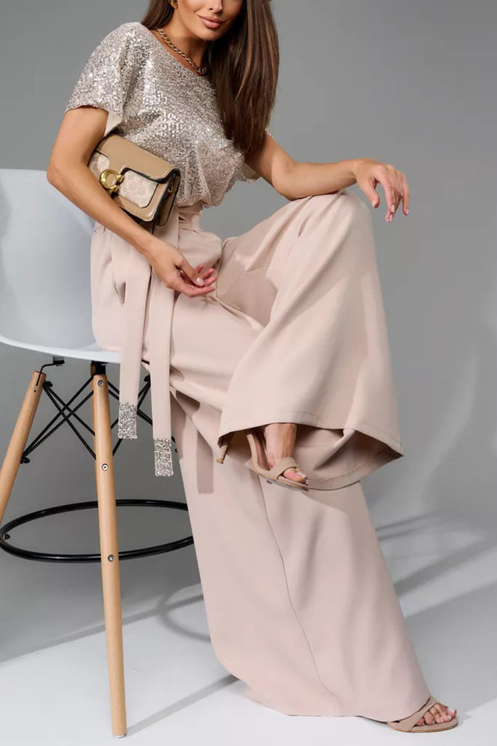 Sequin Patchwork Short Sleeve High Waist Jumpsuits Apricot  · 2XL