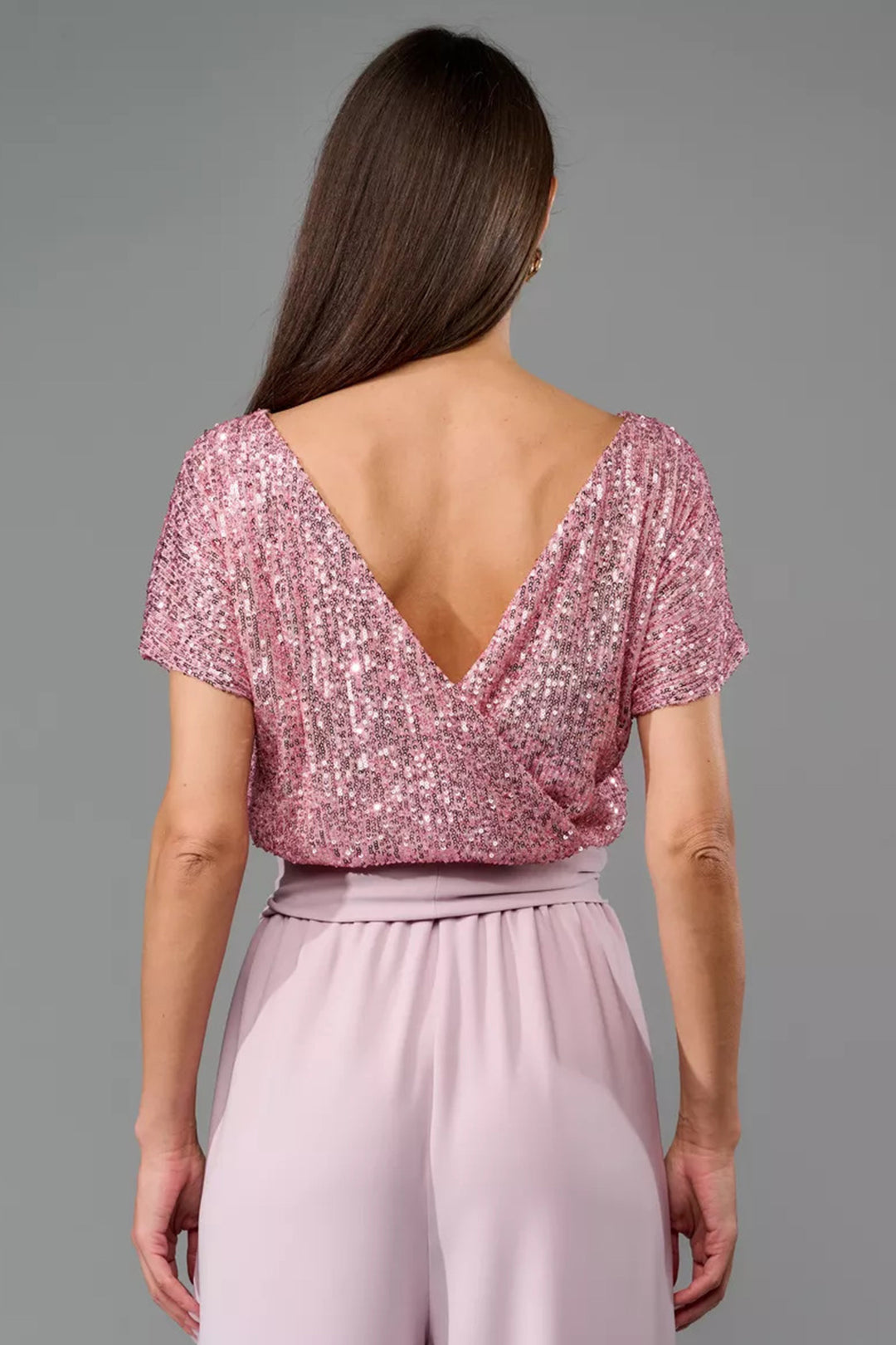 Sequin Patchwork Short Sleeve High Waist Jumpsuits Pink · S