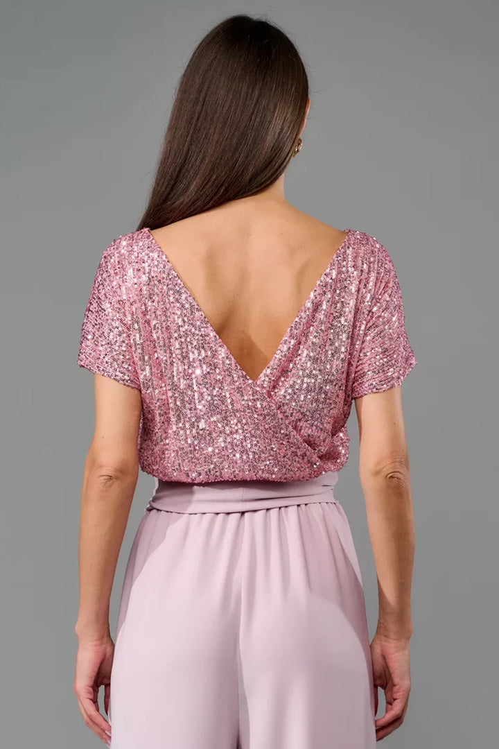 Sequin Patchwork Short Sleeve High Waist Jumpsuits Pink · S