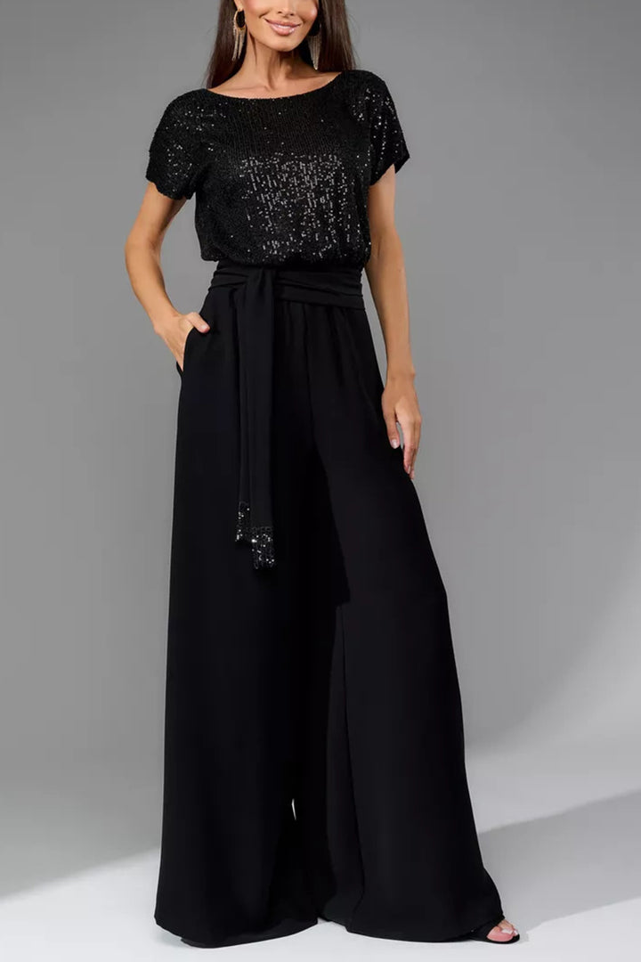 Sequin Patchwork Short Sleeve High Waist Jumpsuits Pink · 3XL