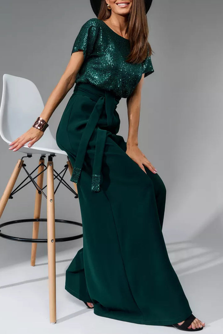 Sequin Patchwork Short Sleeve High Waist Jumpsuits White · 2XL