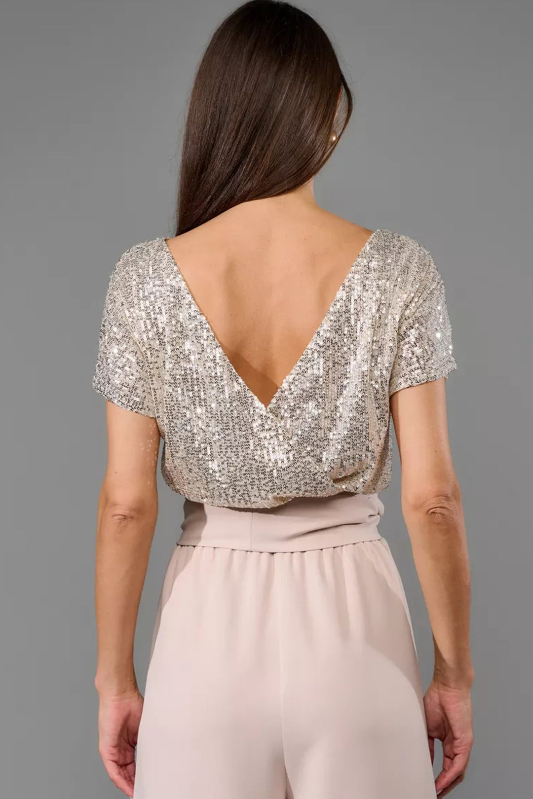 Sequin Patchwork Short Sleeve High Waist Jumpsuits Apricot  · L