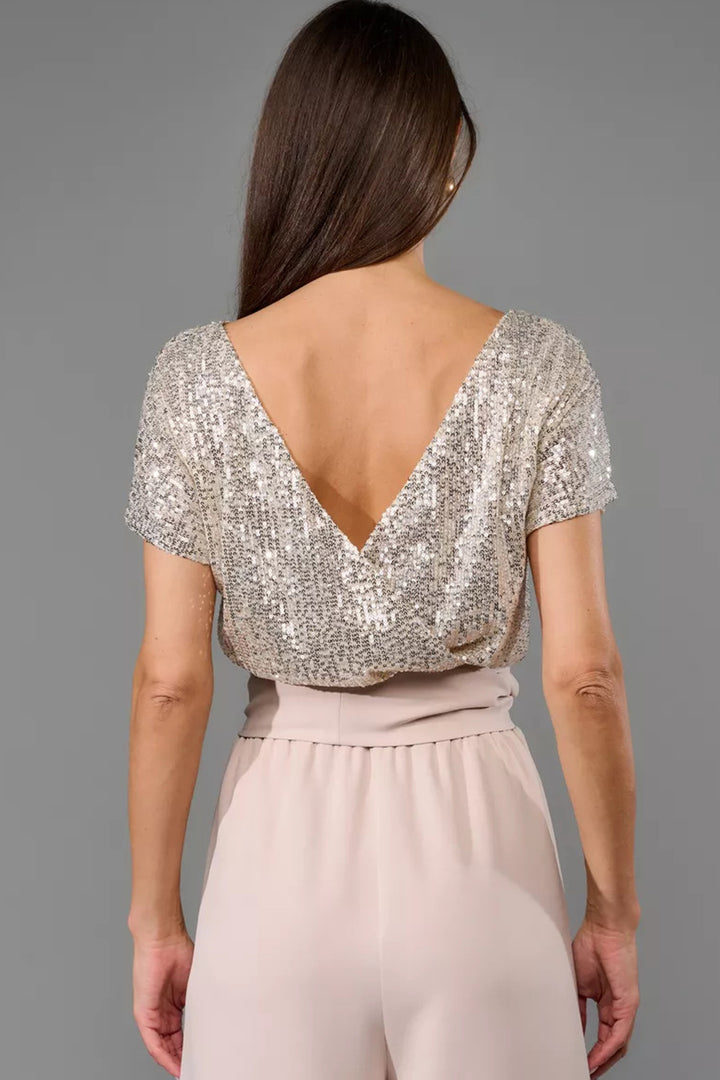 Sequin Patchwork Short Sleeve High Waist Jumpsuits Apricot  · L