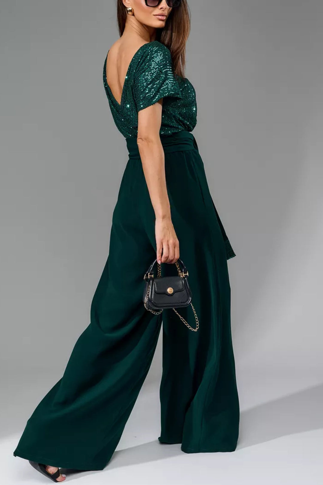 Sequin Patchwork Short Sleeve High Waist Jumpsuits White · XL