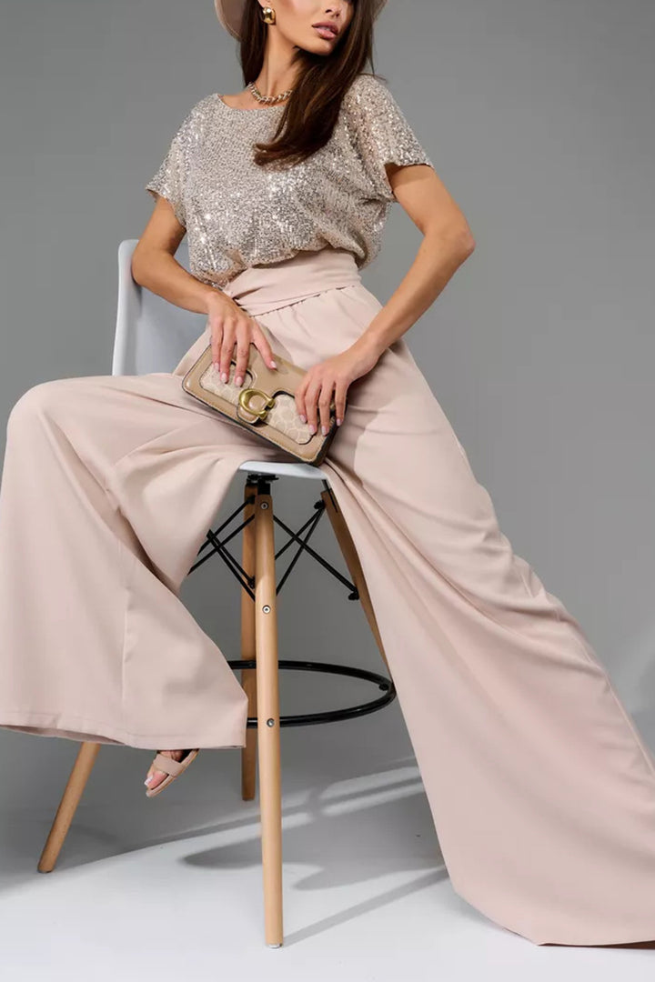 Sequin Patchwork Short Sleeve High Waist Jumpsuits Apricot  · S