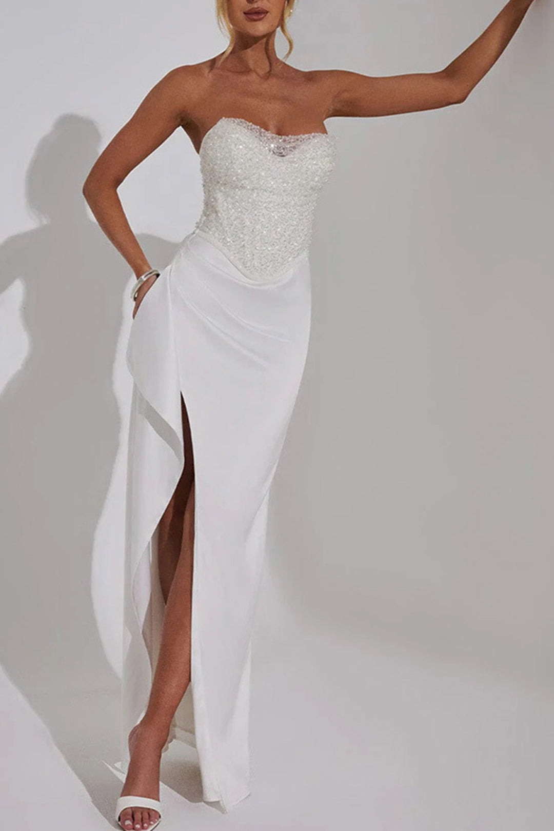 Sequin Patchwork Strapless Ruched Slit Dress White · M