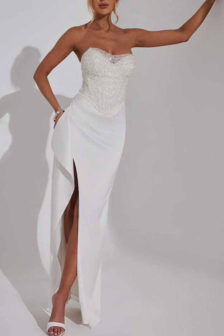 Sequin Patchwork Strapless Ruched Slit Dress White · M