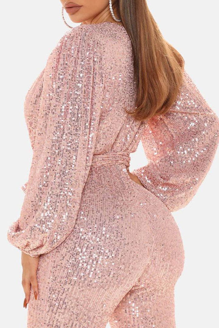 Sequin V Neck Strappy Jumpsuits Pink · M