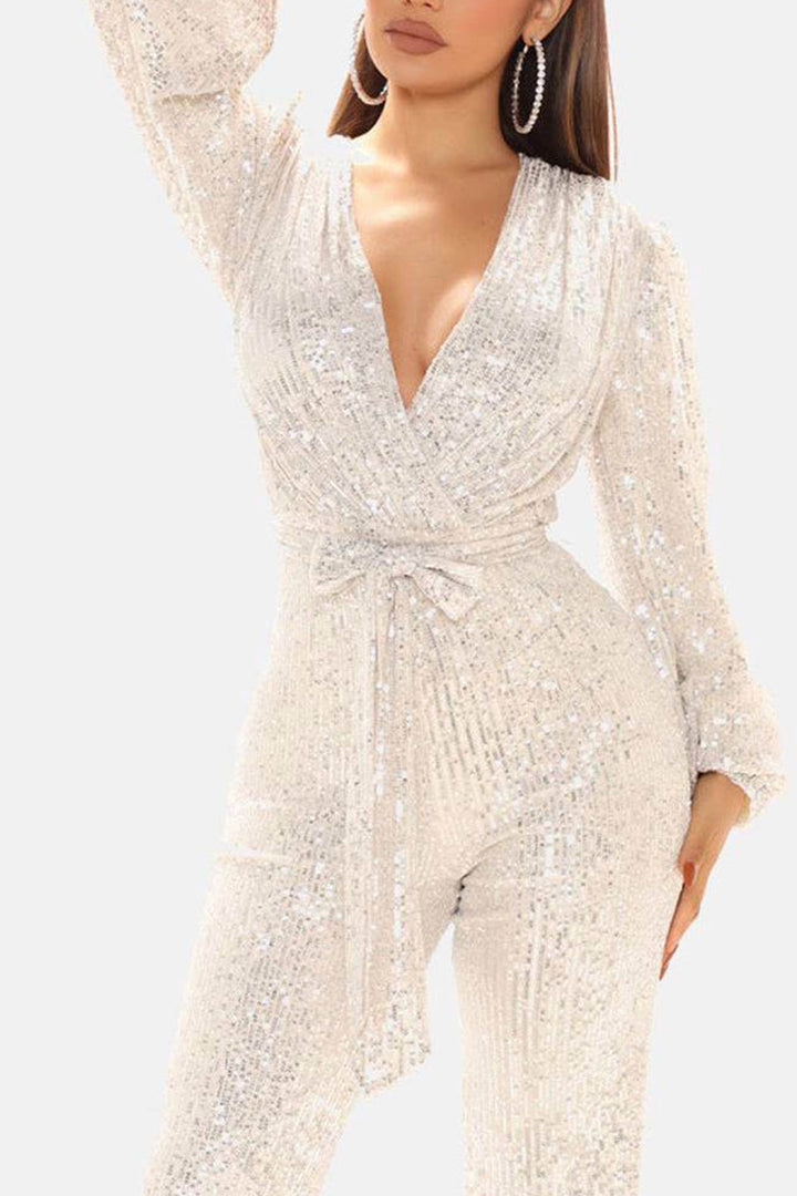 Sequin V Neck Strappy Jumpsuits Pink · L
