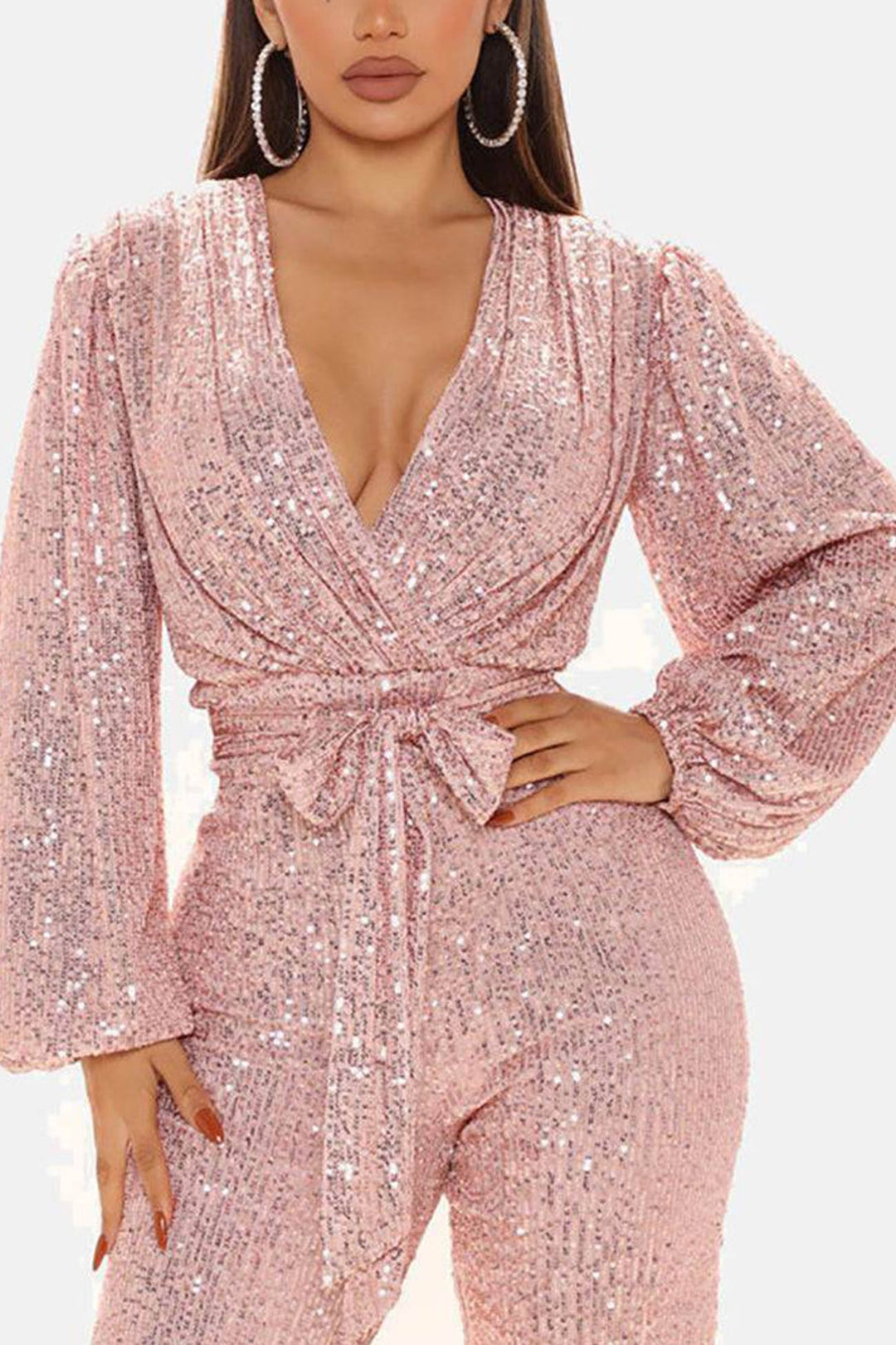 Sequin V Neck Strappy Jumpsuits Pink · S
