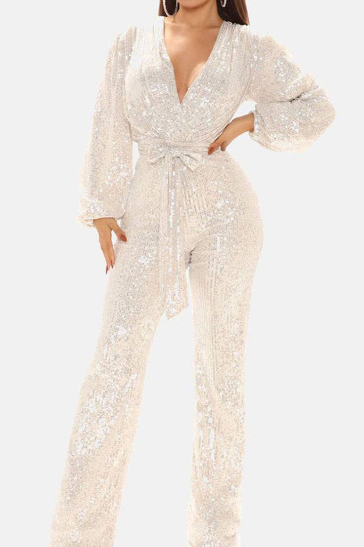 Sequin V Neck Strappy Jumpsuits Pink · XL