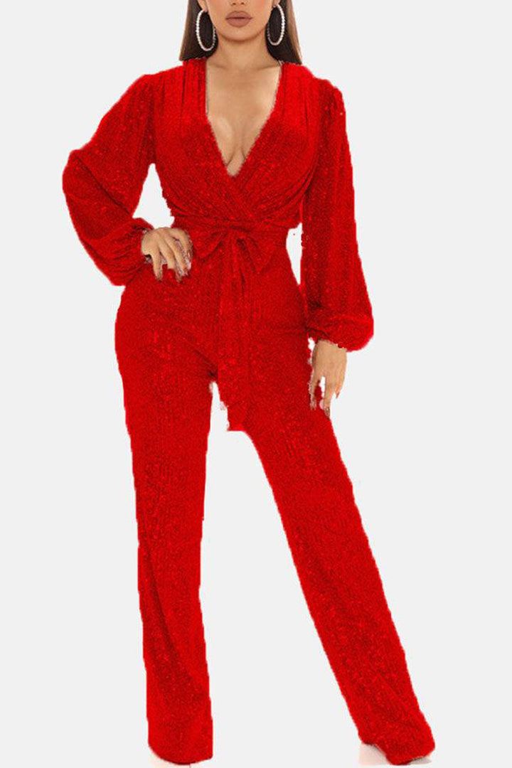 Sequin V Neck Strappy Jumpsuits White · L