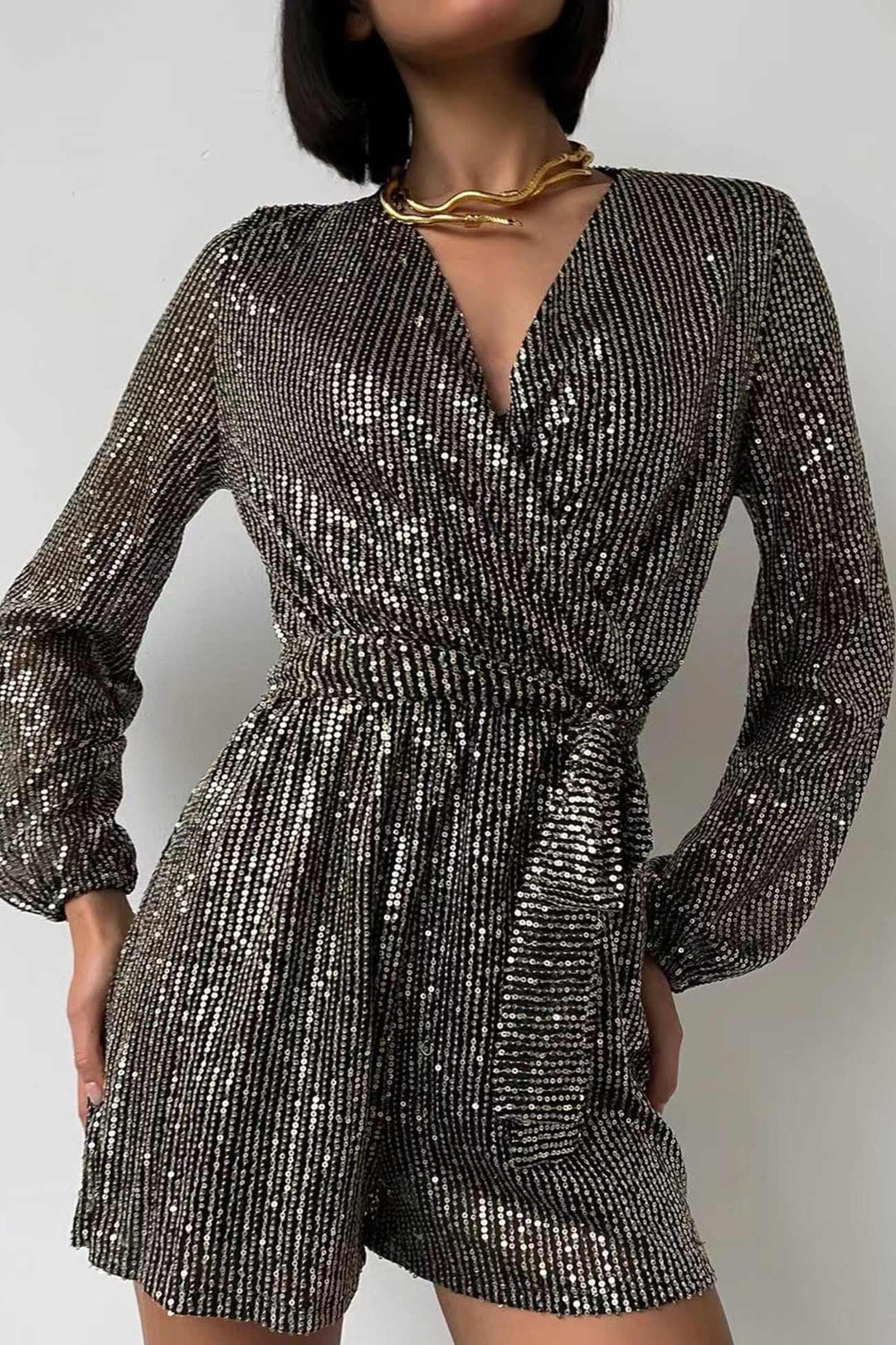 Sequin V Neck Tie-up Rompers Black Silver · S