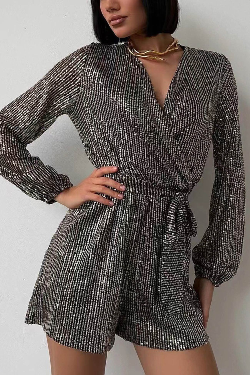Sequin V Neck Tie-up Rompers Black Silver · M