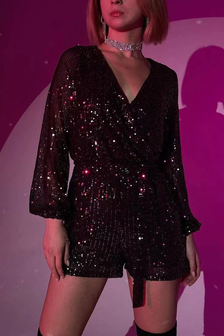 Sequin V Neck Tie-up Rompers White Silver · L