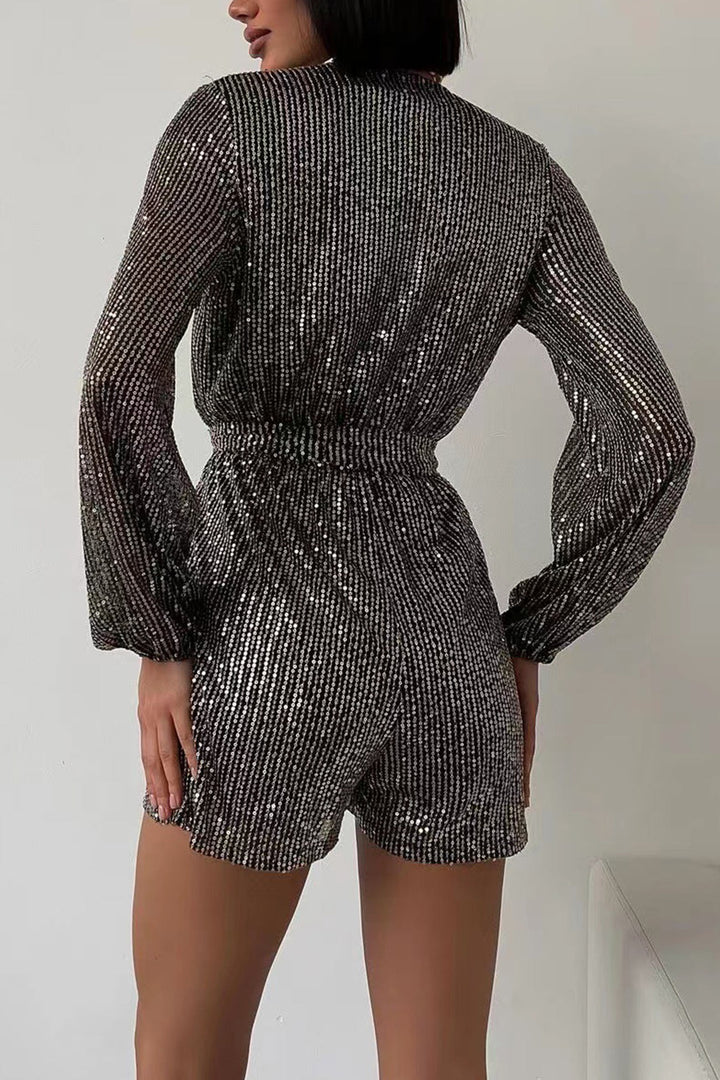 Sequin V Neck Tie-up Rompers Black Silver · L