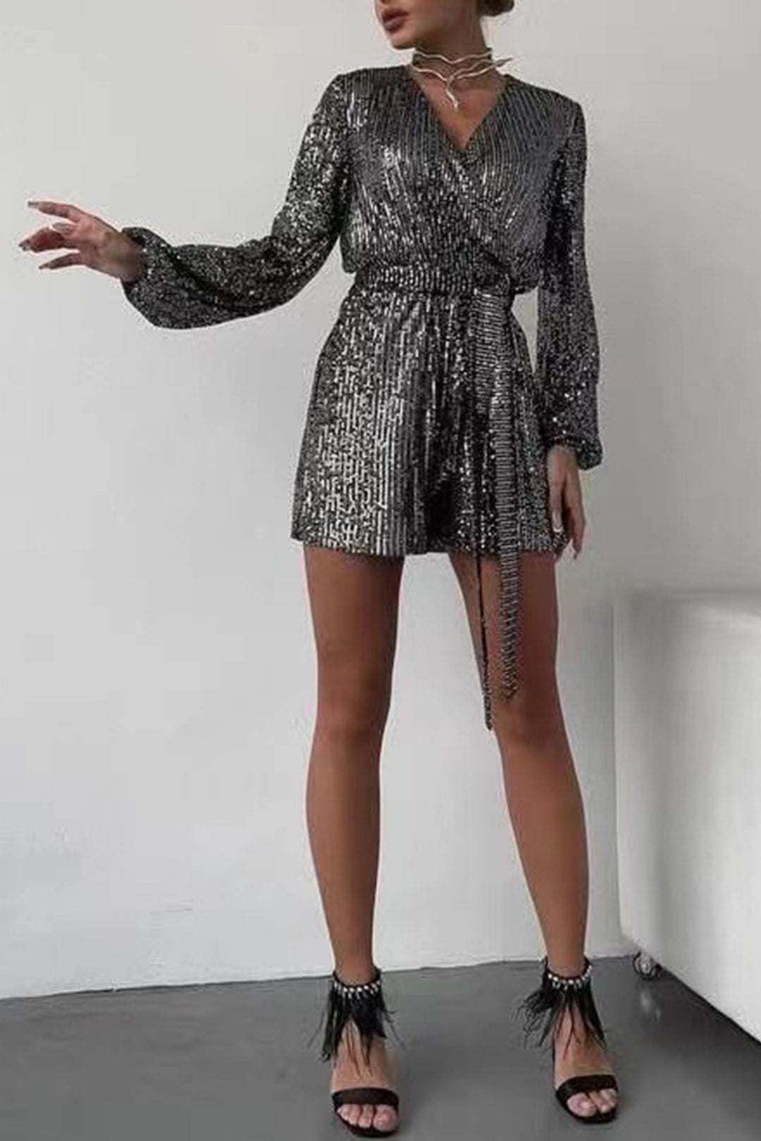 Sequin V Neck Tie-up Rompers Black Silver · XL