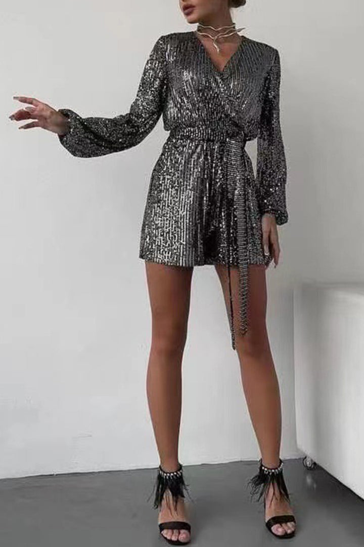 Sequin V Neck Tie-up Rompers Black Silver · XL