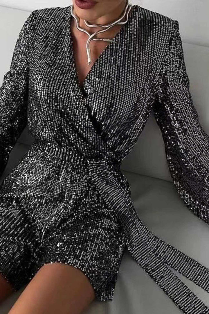 Sequin V Neck Tie-up Rompers Black Silver · 3XL