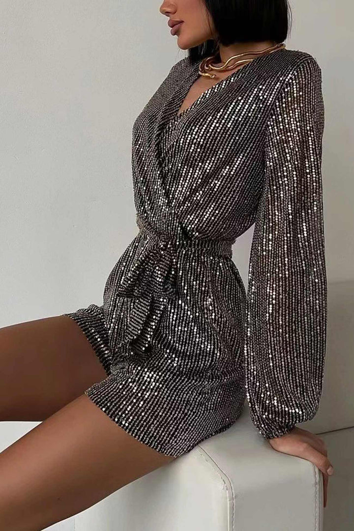 Sequin V Neck Tie-up Rompers