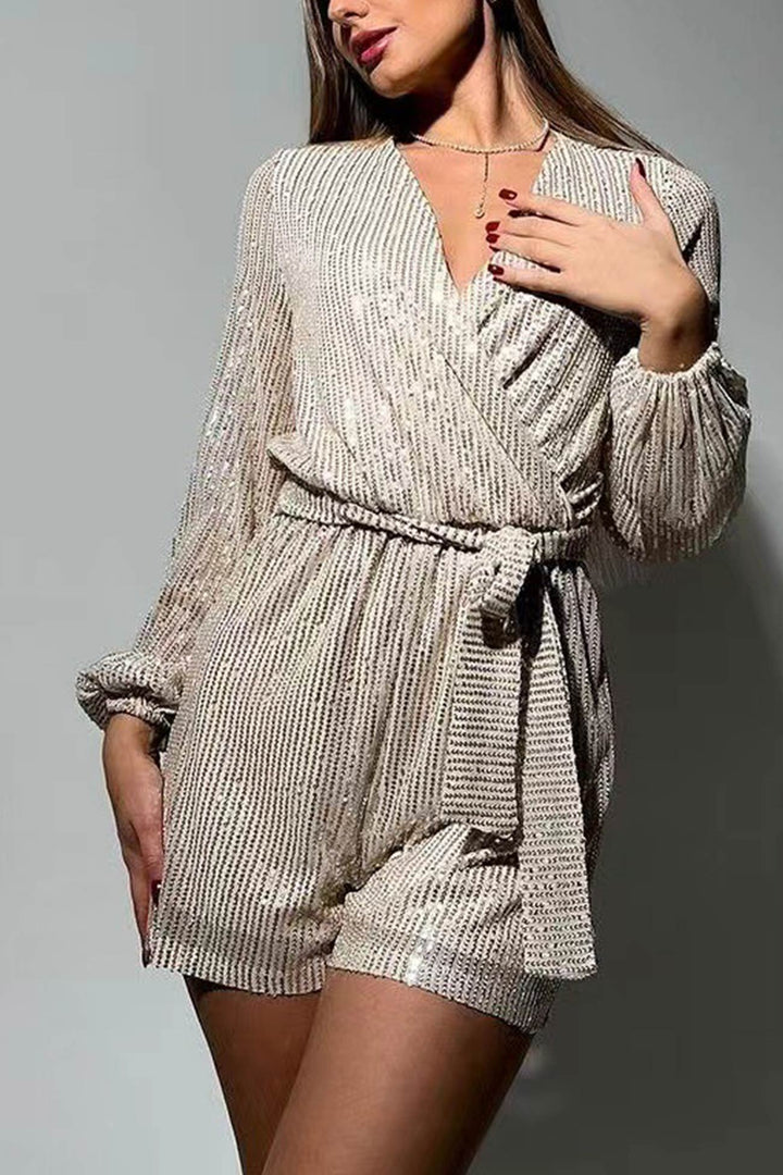 Sequin V Neck Tie-up Rompers Black · S