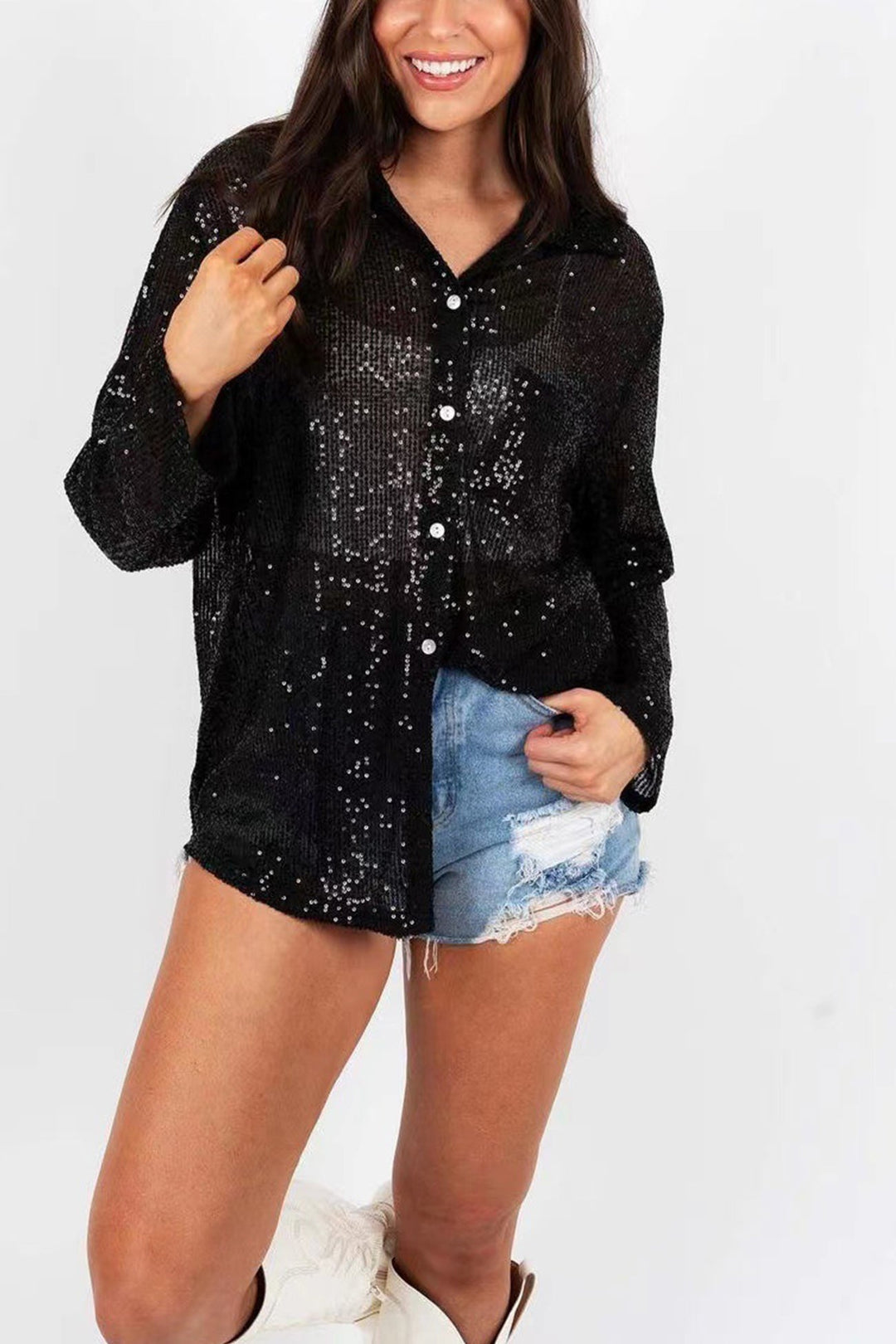 Sequins Lapel Long Sleeve Blouse Light Green · S