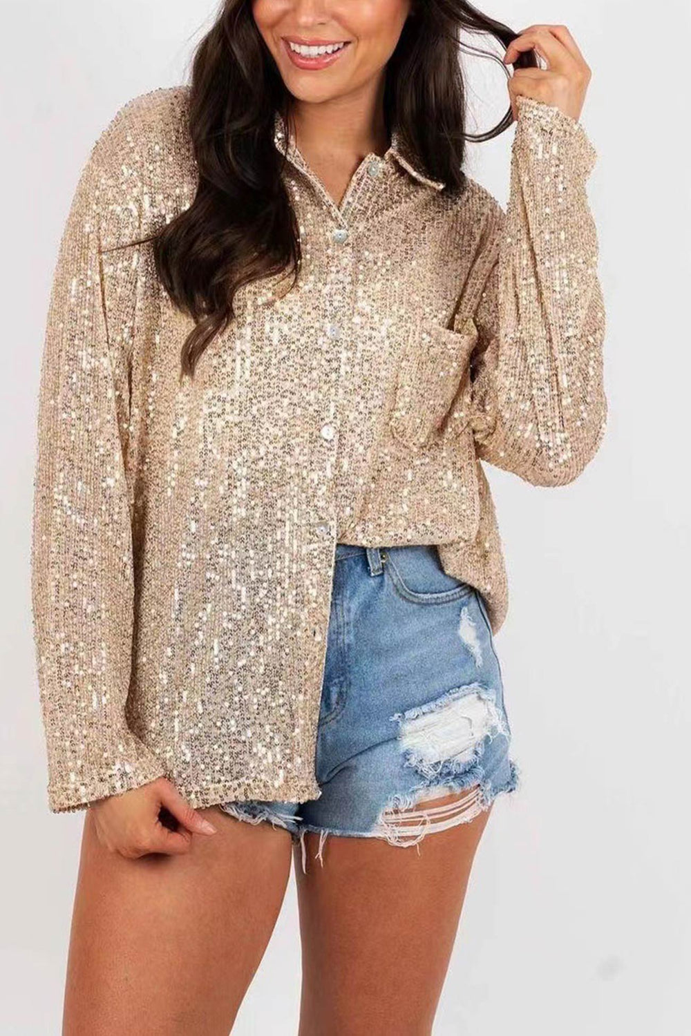 Sequins Lapel Long Sleeve Blouse Light Green · M