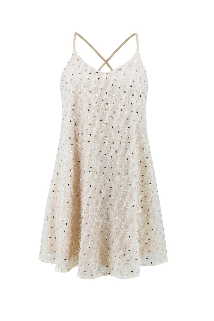 Sequins Low Cut Crisscross Back Mini Dress Champagne · M