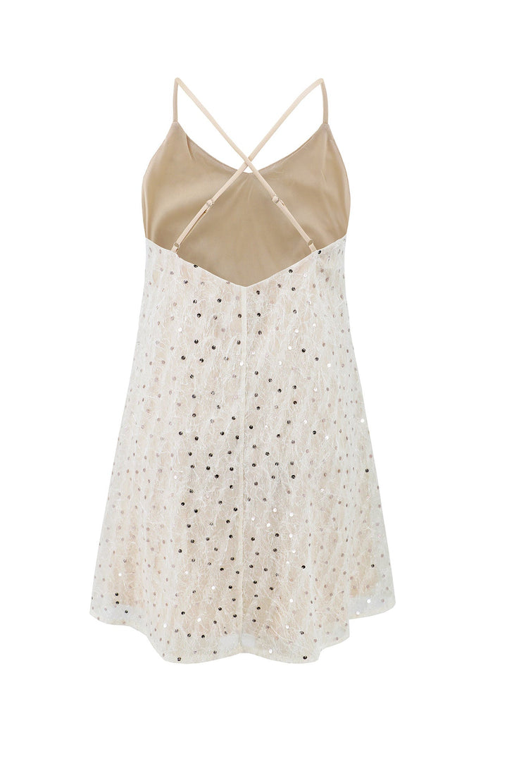 Sequins Low Cut Crisscross Back Mini Dress Champagne · L