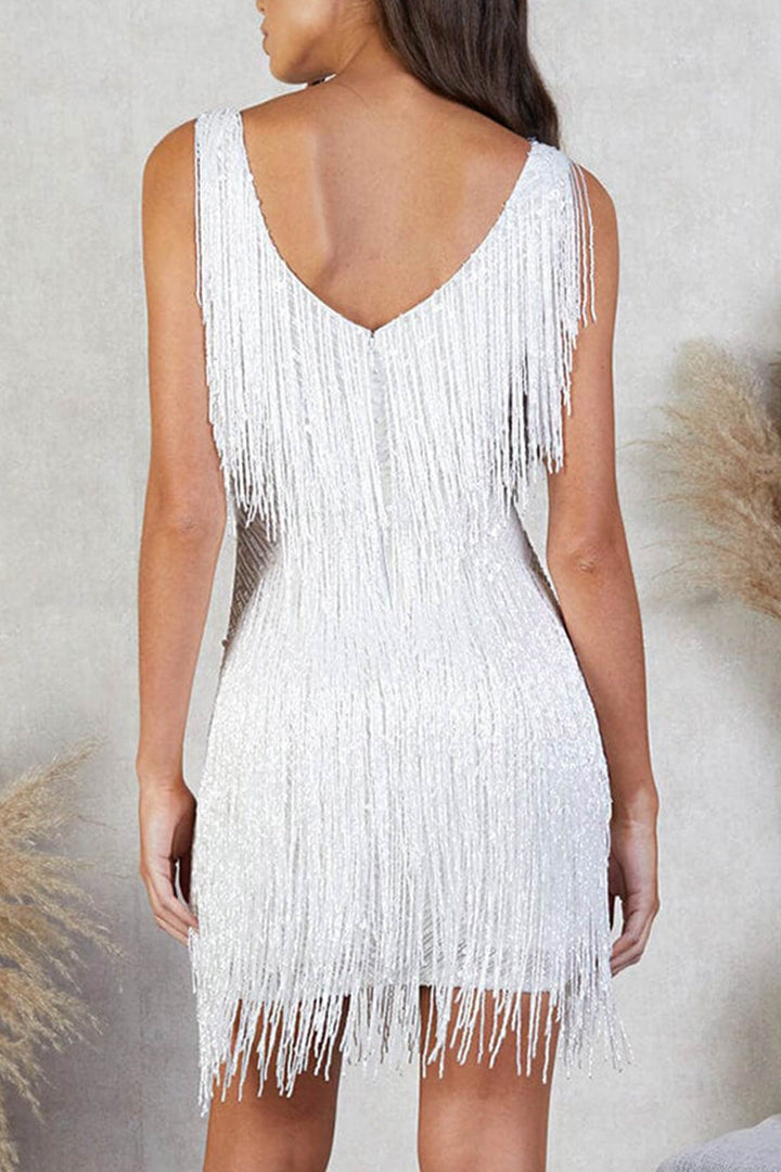 Sequins Tassel Tank Mini Dress Black · L