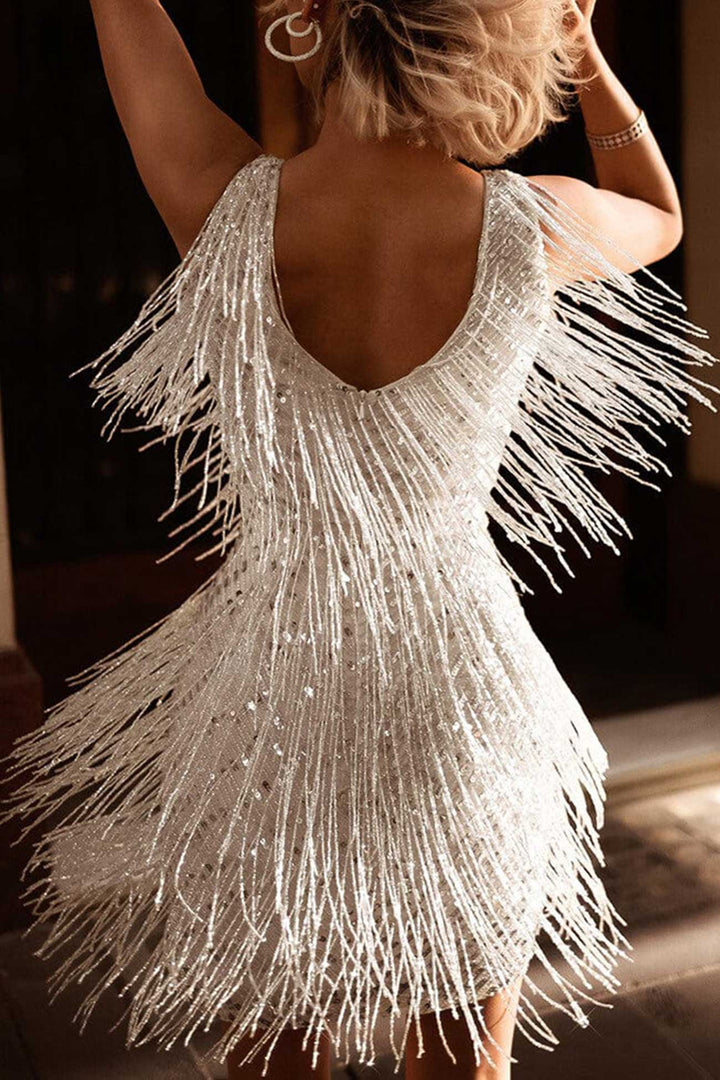 Sequins Tassel Tank Mini Dress White · M