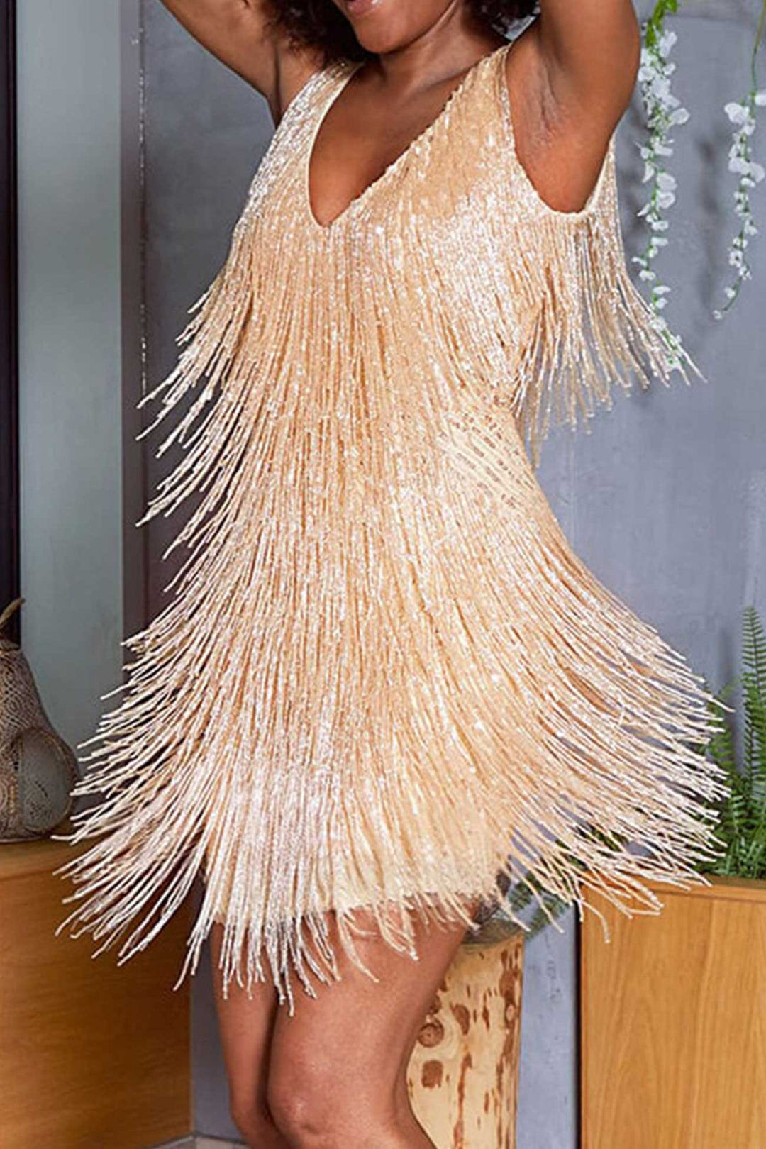 Sequins Tassel Tank Mini Dress Champagne · L