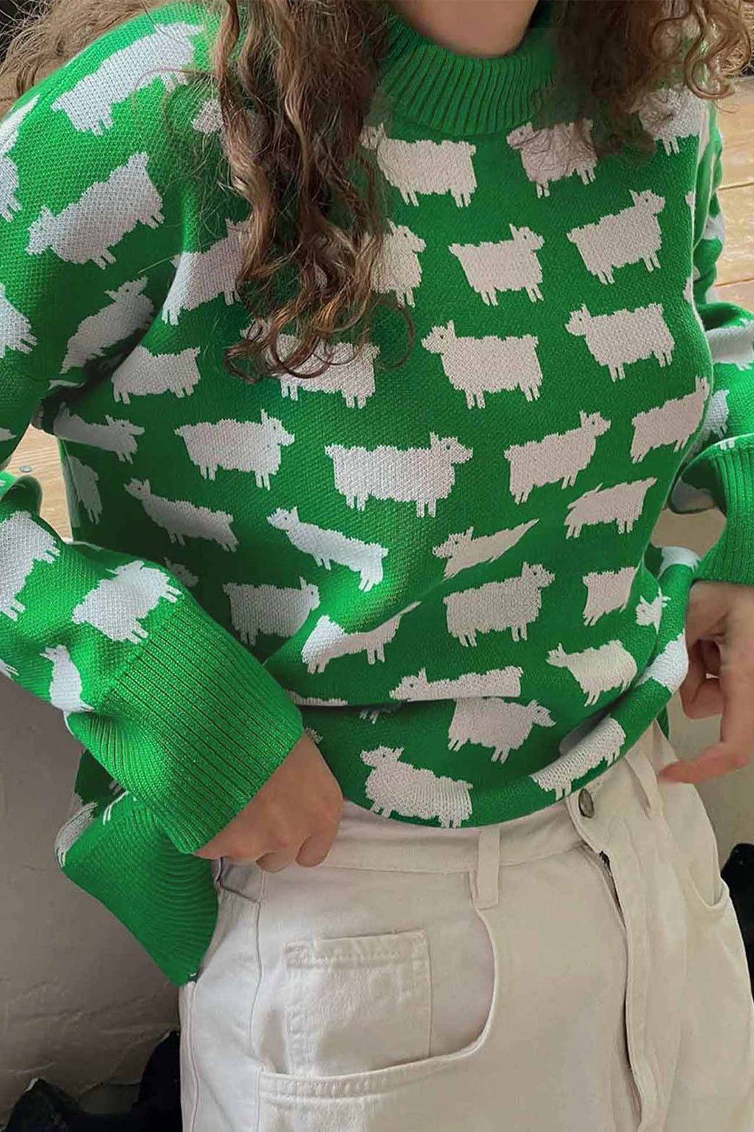 Sheep Crew Neck Long Sleeve Sweater Green · L