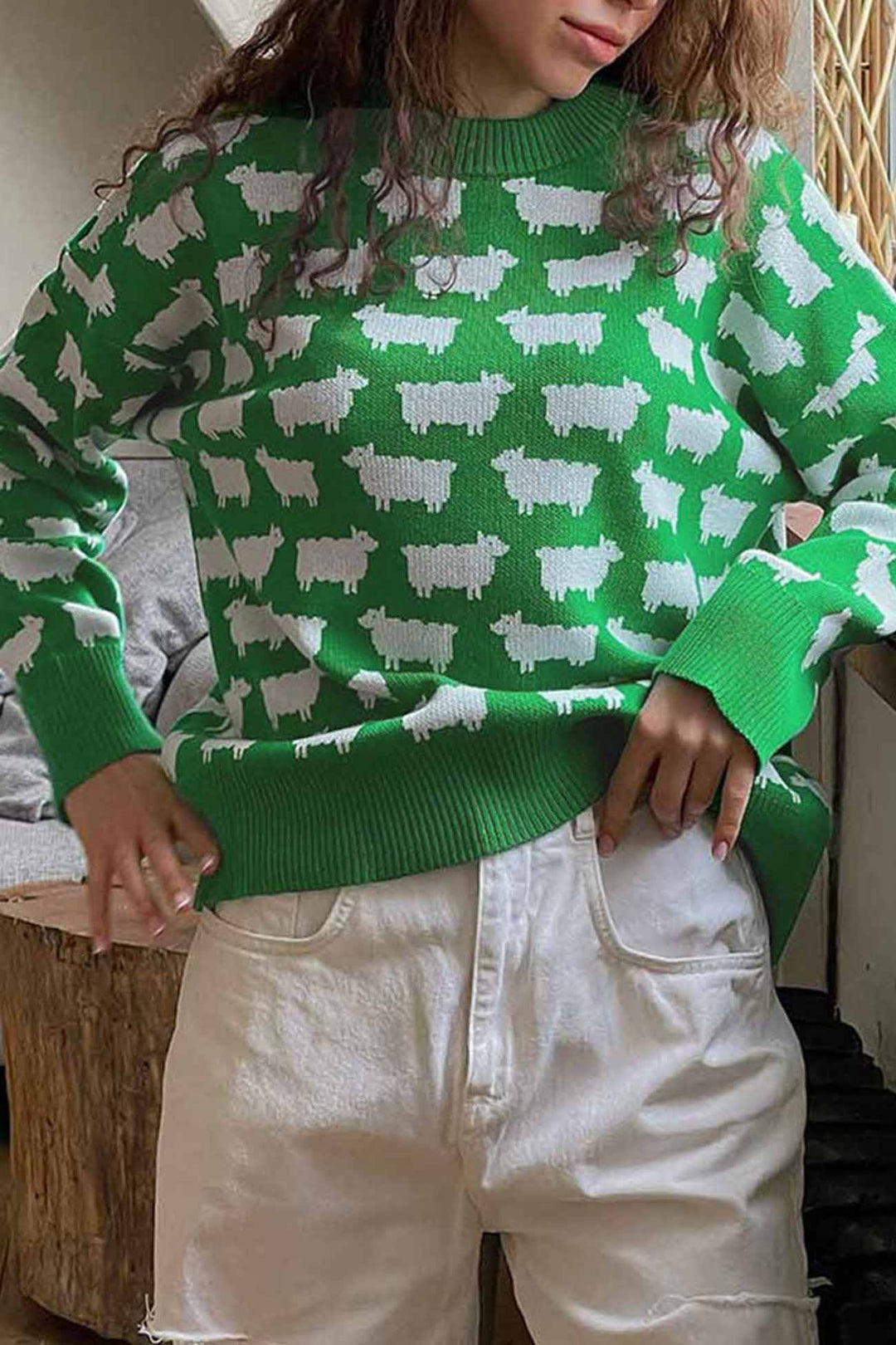 Sheep Crew Neck Long Sleeve Sweater Green · M