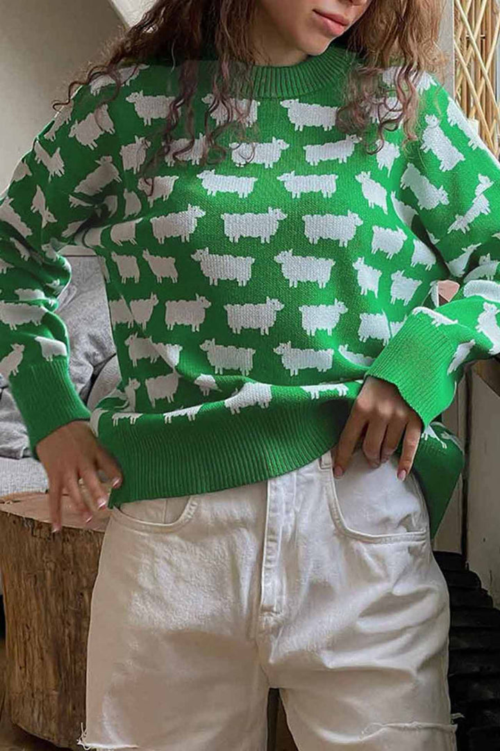 Sheep Crew Neck Long Sleeve Sweater Green · M