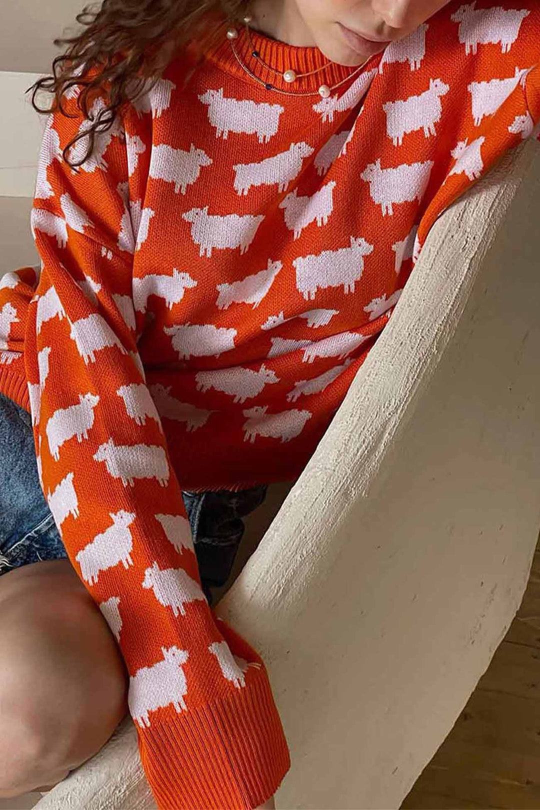 Sheep Crew Neck Long Sleeve Sweater Blue · S